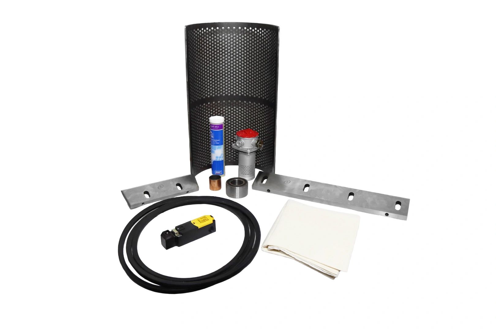 Various mechanical and industrial parts arranged on a white surface.