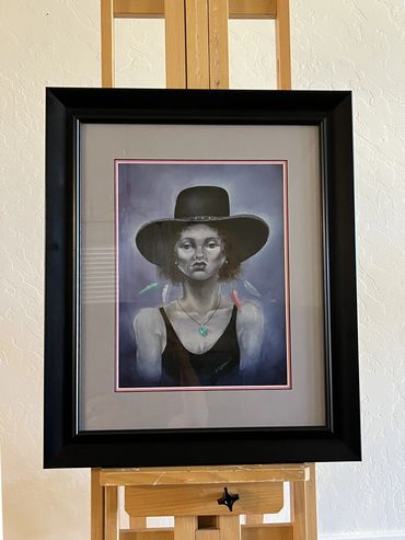 Lady with a black hat and a turquoise  necklace