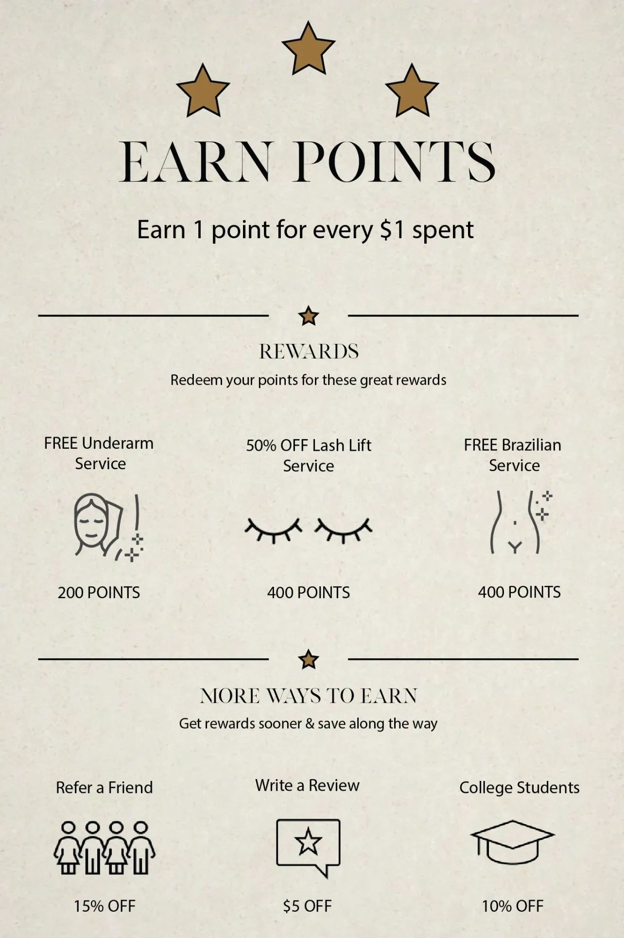Loyalty program offering points for rewards and discounts.