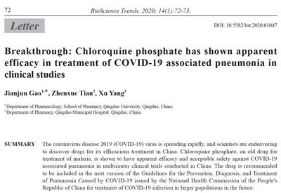Breakthrough: Chloroquine phosphate has shown apparent efficacy in treatment of COVID-19