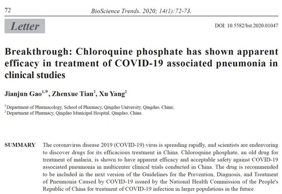 Breakthrough: Choloquine phosphate has shown apparent efficacy in treatment of COVID-19