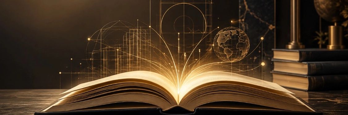 Open book with glowing knowledge symbols.