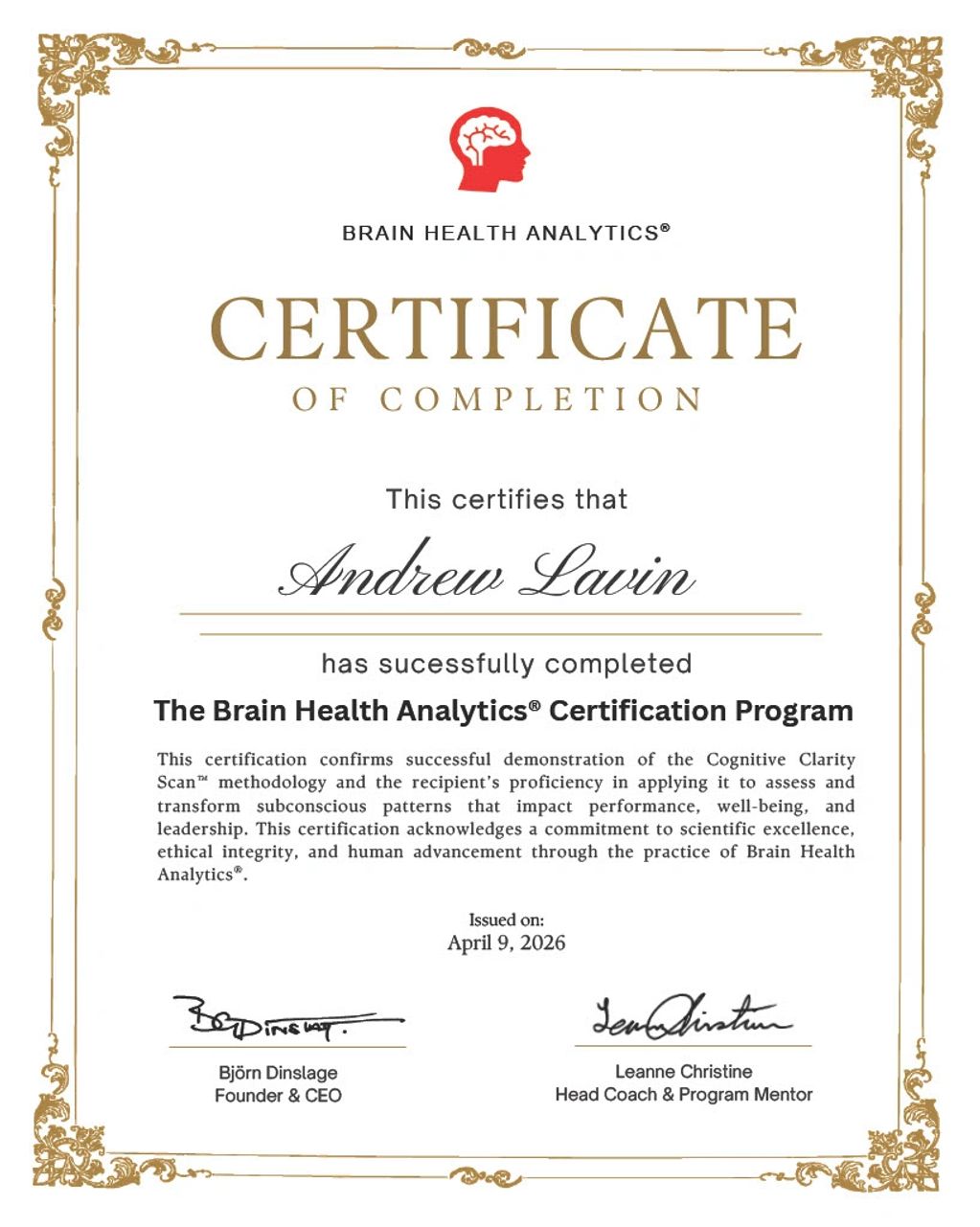Brain Health Analytics® Cognitive Clarity Scan™ certification - Jungian depth and executive coach.