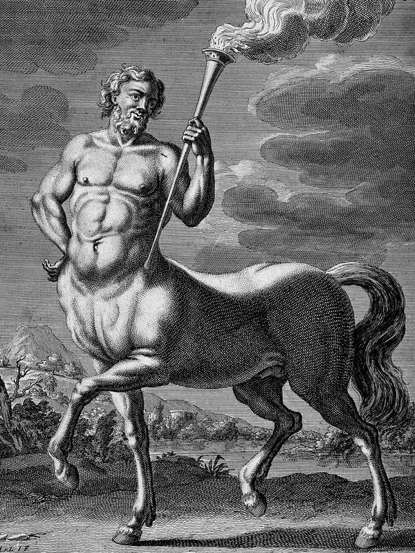 Old engraving of Chiron, the Wounded Healer, carrying a torch—a symbol of guiding light.