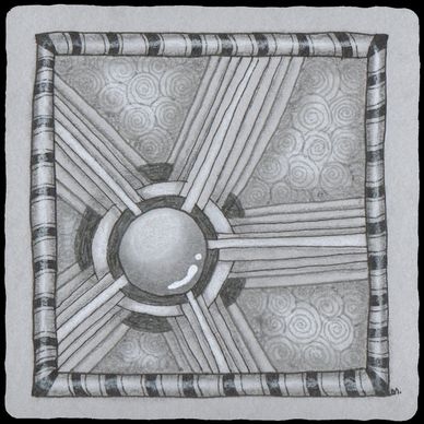 Abstract black and white geometric drawing with a central sphere and striped patterns.