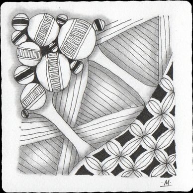 Black and white abstract drawing with geometric and floral patterns.