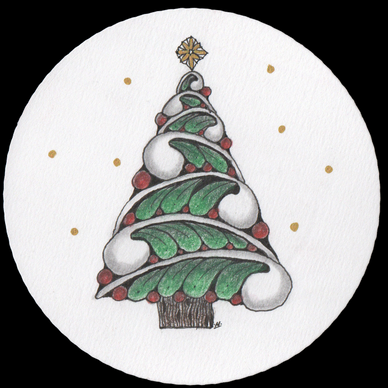 Hand-drawn Christmas tree with green leaves, red berries, and a golden star on top.