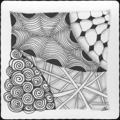 Abstract black and white drawing with spirals, lines, and geometric patterns.