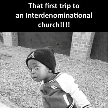 Child making a surprised face with text about first trip to an interdenominational church.