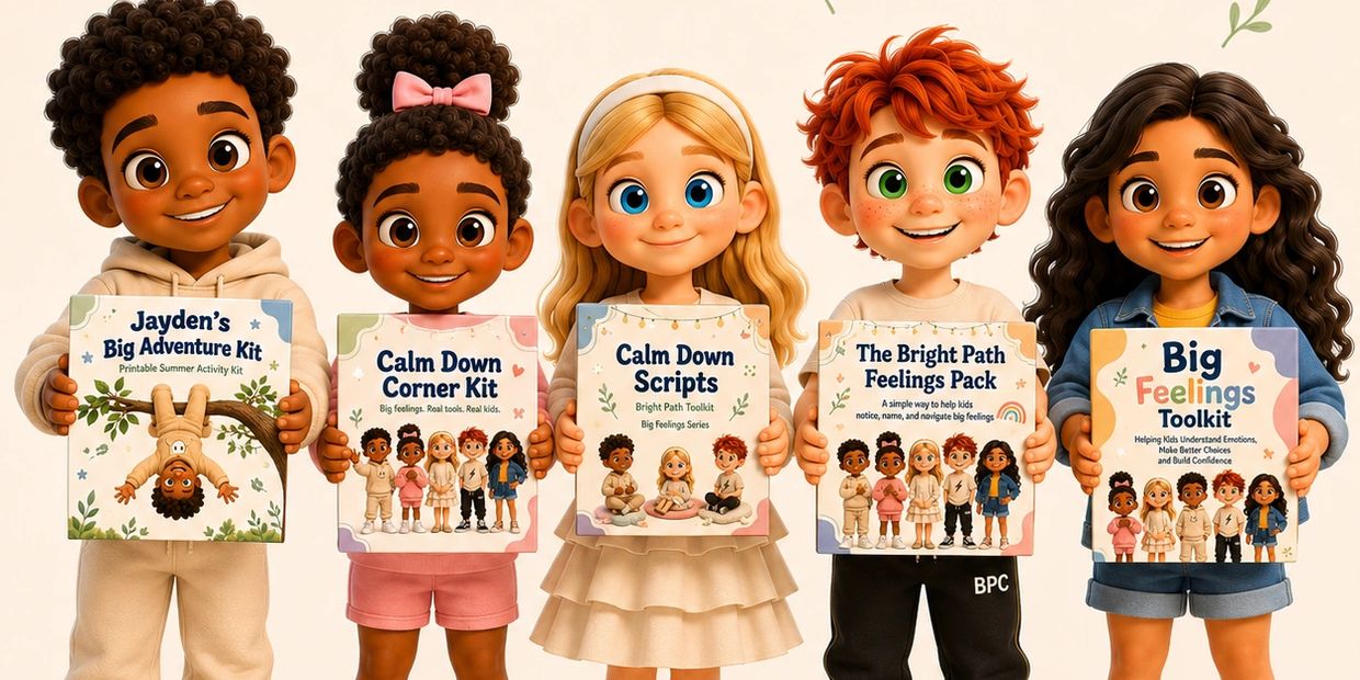 Five kids holding colorful emotional wellbeing kits for children.