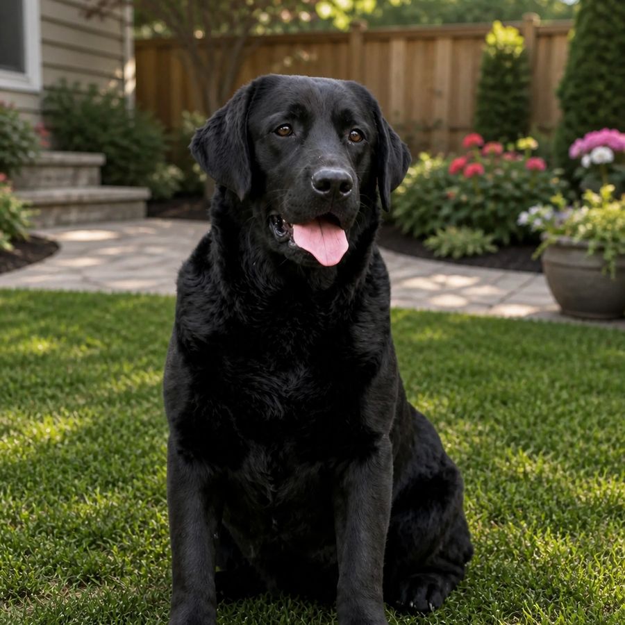 Aśka Willow, a black Labrador sitting on the grass