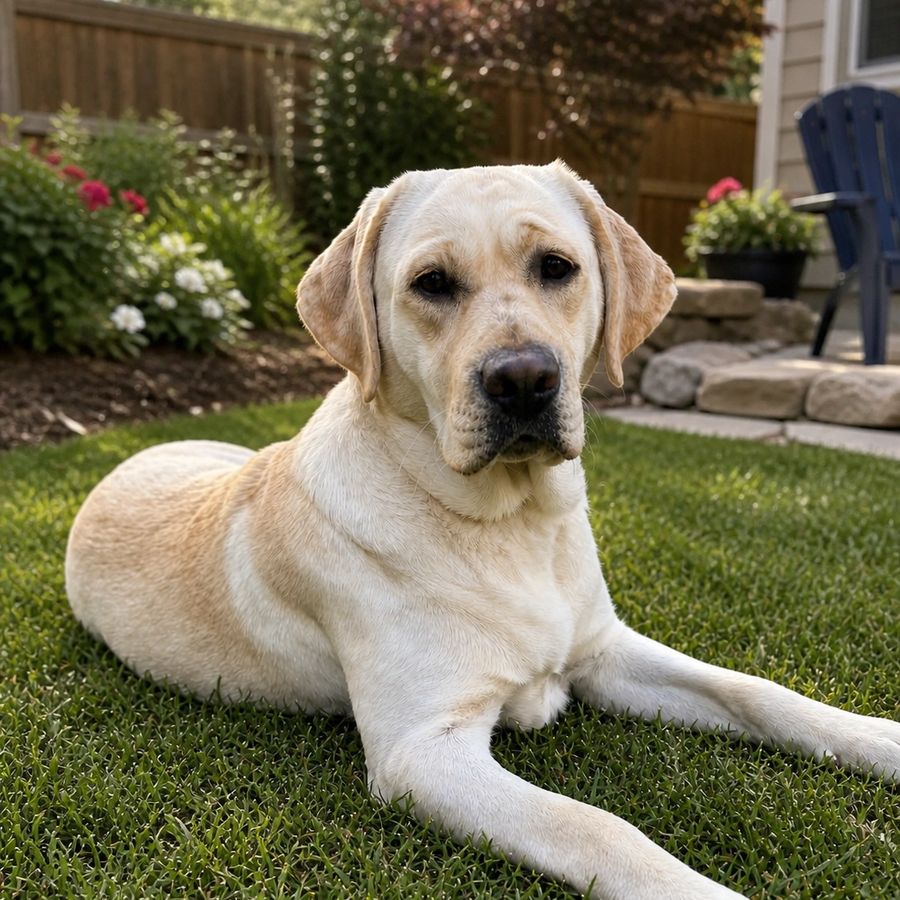 Lana Del Rey, a yellow Labrador lying on the grass