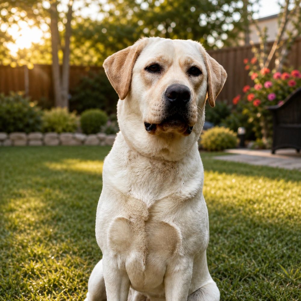 Bailey Girl, a Labrador on the lawn at sunset