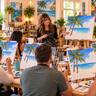 Group painting tropical beach scenes in art class.
