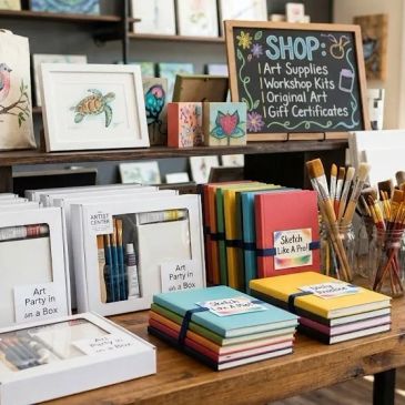 Art supplies and kits displayed on a wooden table.