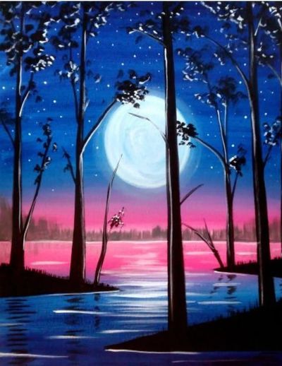 Night landscape with bright moon and lake.