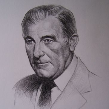 Black and white pencil sketch of a man in a suit.