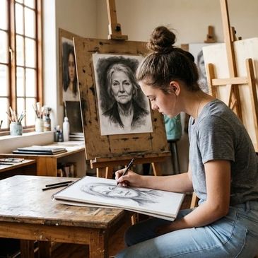 Young woman drawing portrait sketches in art studio.