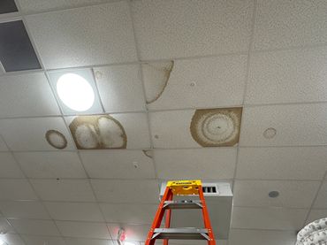 Store with stained ceiling tiles - we replace broken, stained or missing acoustical ceiling tiles. 