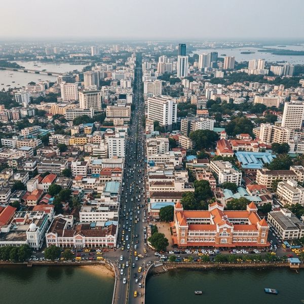 Aerial view of a bustling city with a prominent road and waterfront buildings.