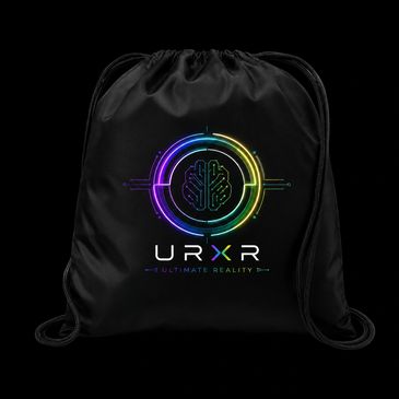 Black drawstring bag with colorful tech-inspired logo and text.