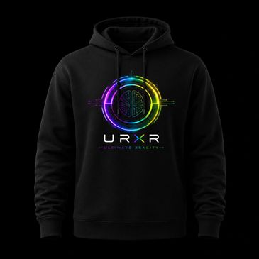 Black hoodie with a colorful AR-themed logo.
