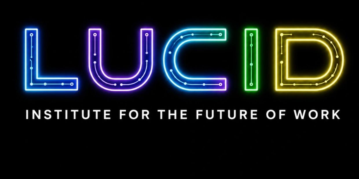 Colorful neon sign reading "LUCID" with subtitle about future work.