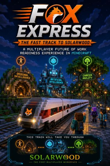 Minecraft-themed poster promoting Fox Express for career and AI skills development.