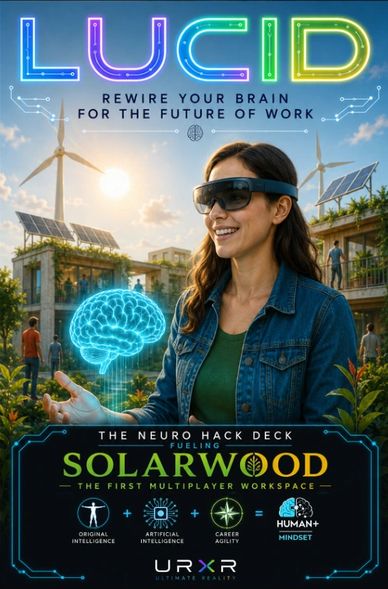 Futuristic workspace with augmented reality and renewable energy.