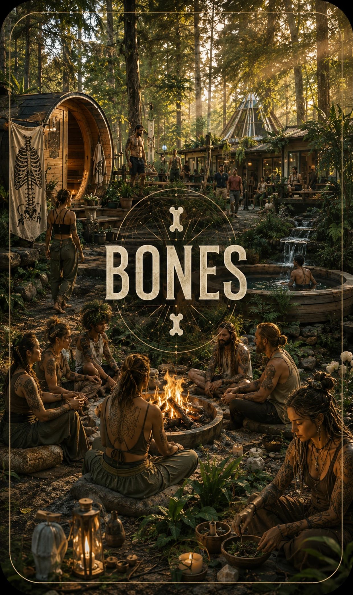 Group of tattooed people gathered around a campfire in a forest retreat.