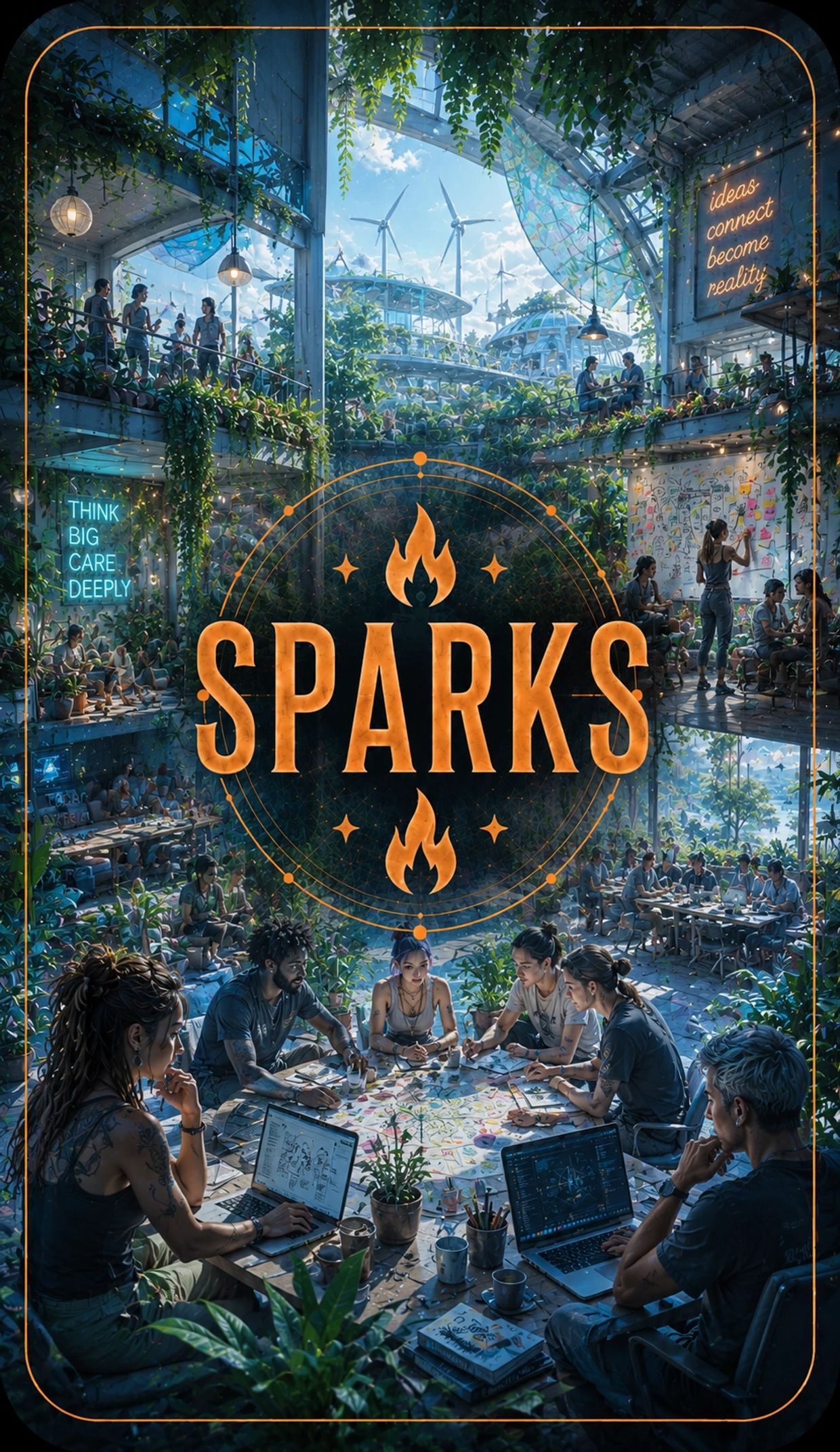 Creative team collaborating in a lush, green eco-friendly workspace named SPARKS.