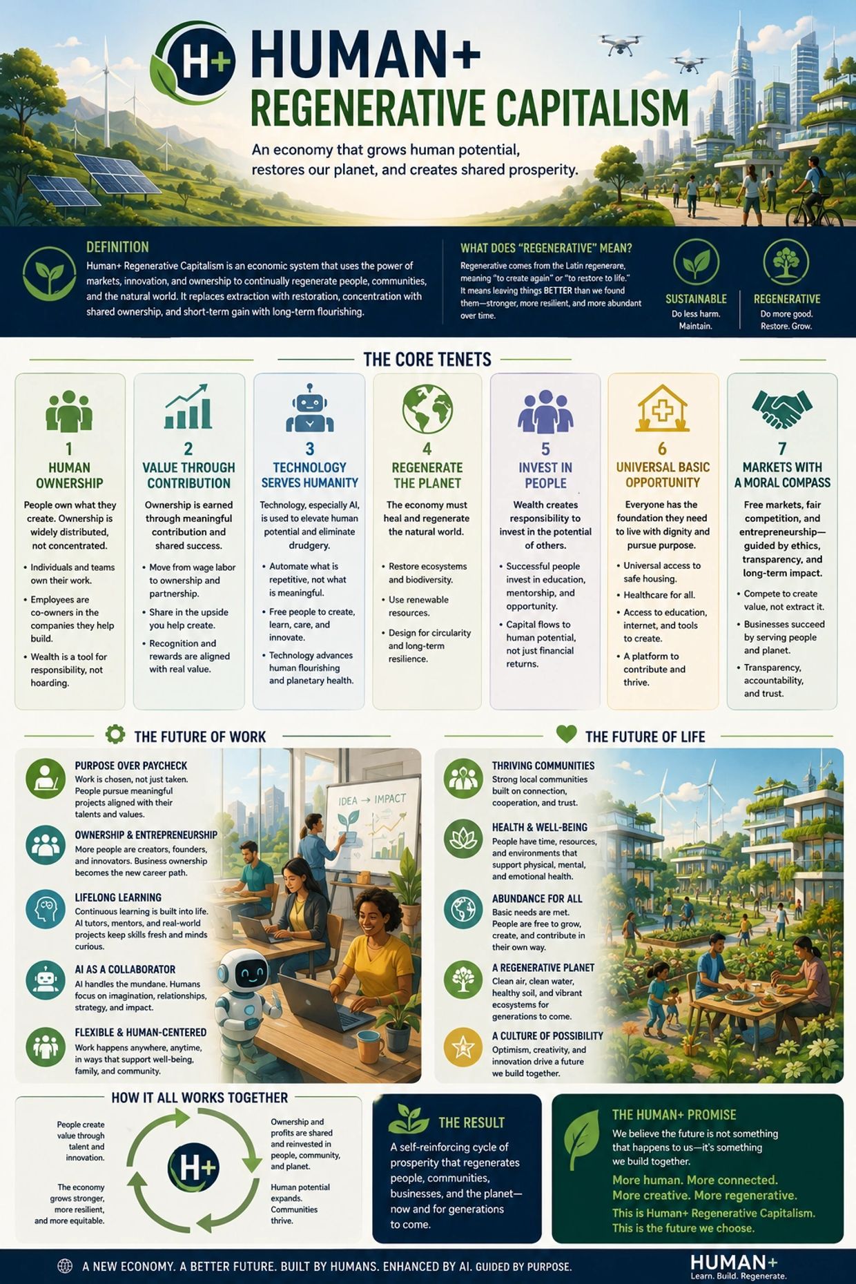 Infographic explaining Human+ Regenerative Capitalism principles and future.