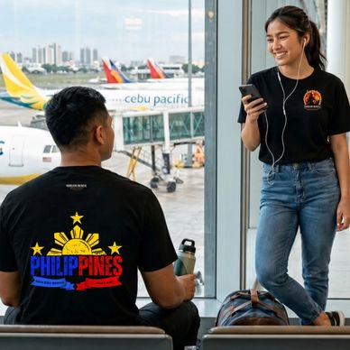 Two travelers at the airport with Philippines-themed shirts.