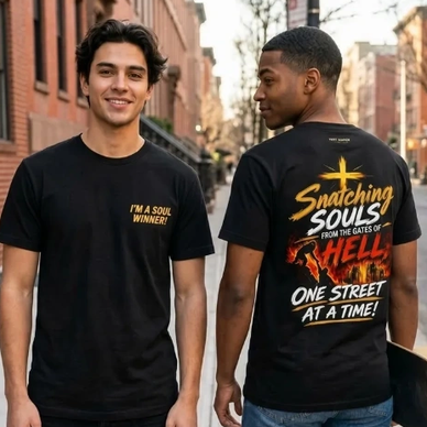 Two men wearing black T-shirts with Christian messages.