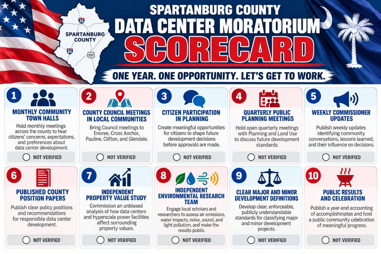 Spartanburg County Data Center Moratorium scorecard with 10 objectives.