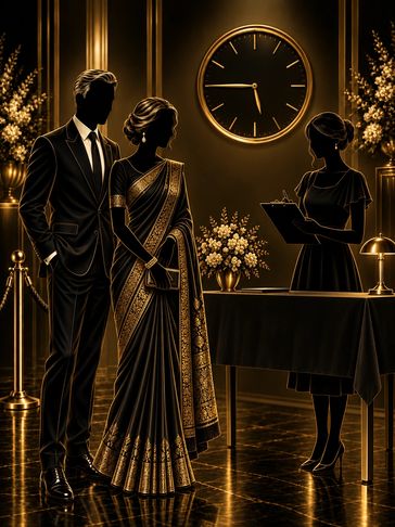 Elegant couple checking in at a hotel reception.