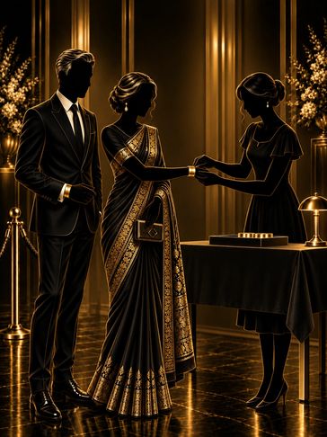 Elegant couple checking in at a reception.