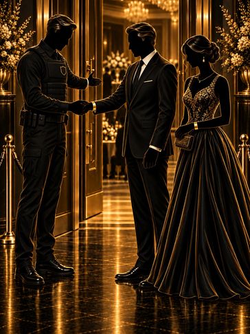 Elegant couple being checked by a security guard.
