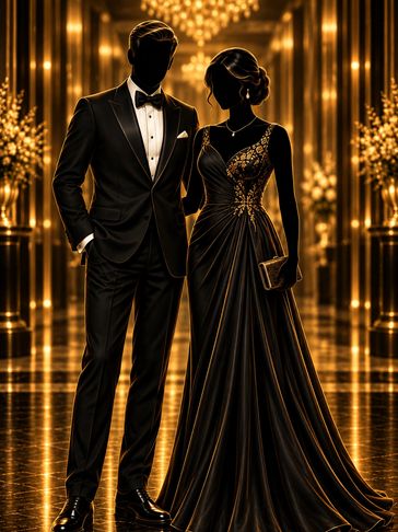 Elegant couple dressed in formal attire with glowing golden highlights.