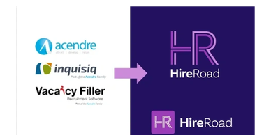 Logos of acquired companies Acendre, Inquisiq, and Vacancy Filler with an arrow pointing to the unif
