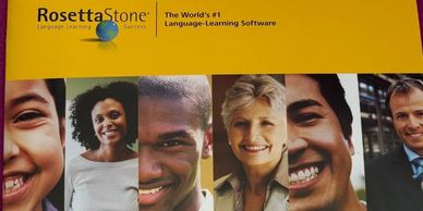Rosetta Stone institutional brochure cover with the yellow logo band and a row of smiling learners