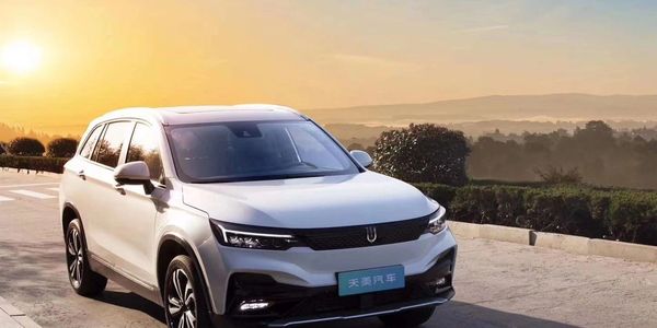 White Skywell SUV parked by roadside during sunset.