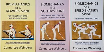 Three posters showing biomechanics of different athletes' spines by Conna-Lee Weinberg.