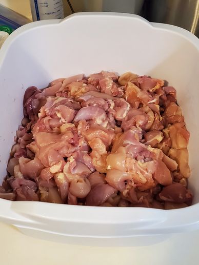 Raw chicken pieces in a white container.