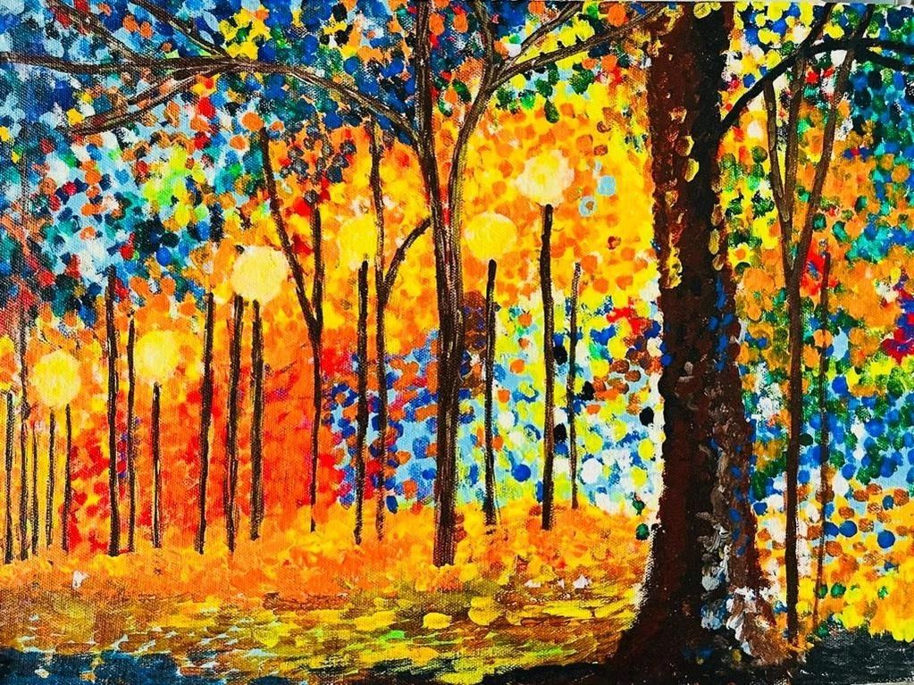 Medium: Hand-painted Impressionist artwork
Theme: Autumn Forest / Nature / Landscape
Mood: Warm, joy