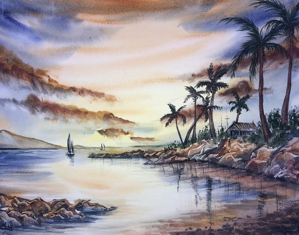 Hawaii Sunset Beach watercolor painting by Hun-ju Porter