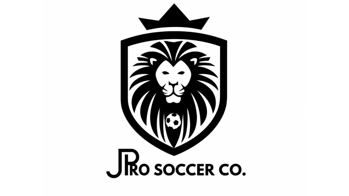 Black and white lion emblem with a soccer ball and crown for JPro Soccer Co.