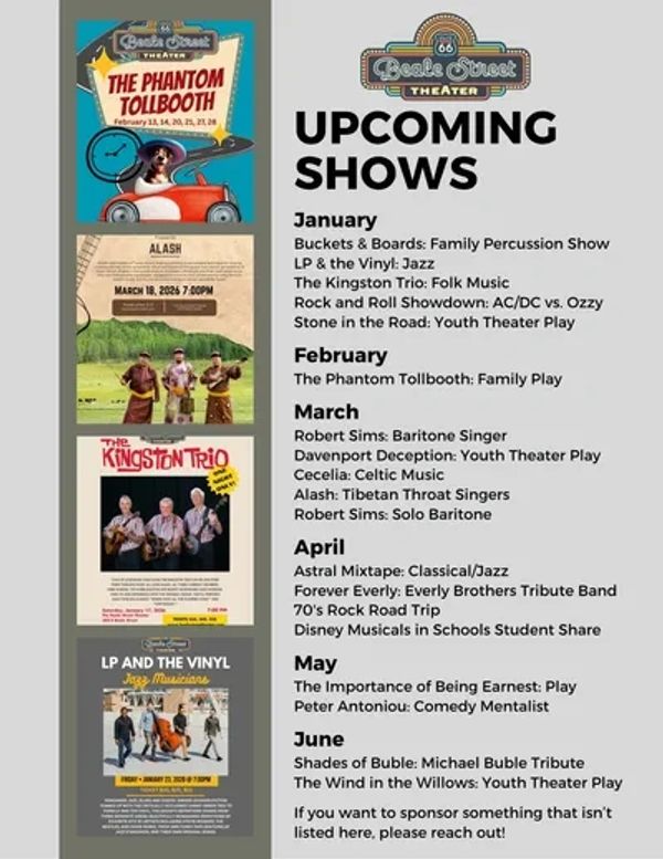 Beale Street Theater's upcoming shows from January to June, featuring music, plays, and tribute acts.