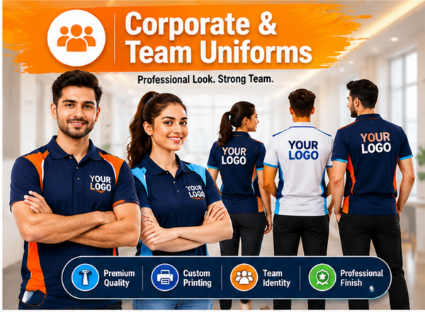 Group wearing corporate team uniforms with logo and slogan.