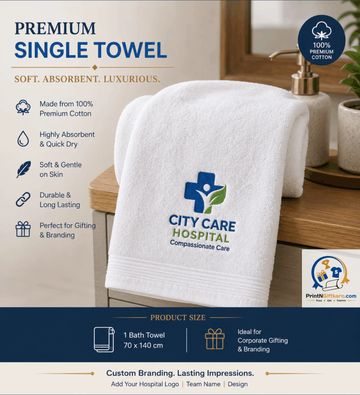 Premium single white towel with hospital logo, soft and absorbent.